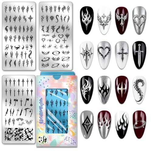 PH PandaHall 3pcs Plaques de Stamping pour Ongles Épines Flamme Gabarits Modèles pour Nail Art Cœur Étoile Pochoirs pour roses arme a feu Nail Art Punk...