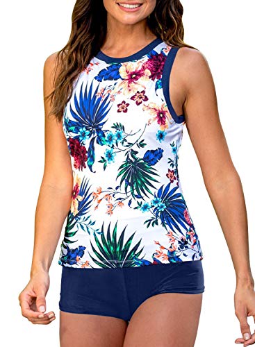 EVALESS Women's Tankini Swimsuits Two Piece Swimwear High Neck Floral Printed Tankini Sets