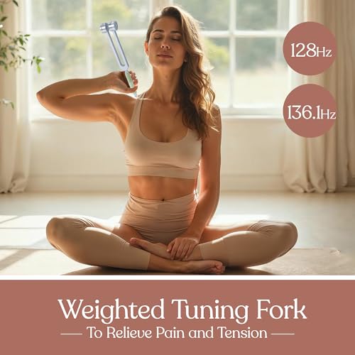 tuning forks for healing set including four frequency 128hz 1361hz 174hz 528hz yoga and meditation accessories chakra sound therapy instruments with tuning fork activator and vegan leather pouch