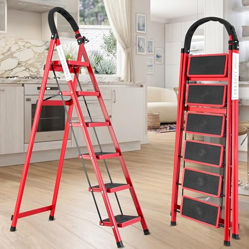 Image of Red 6 Step Ladder for Home Use with Built-in Tool Tray | Heavy Duty D Shape Rods | Ultra Large Platform | Wide Rubber Feet | 150Kg Capacity Foldable Ladder - 7 Years Warranty