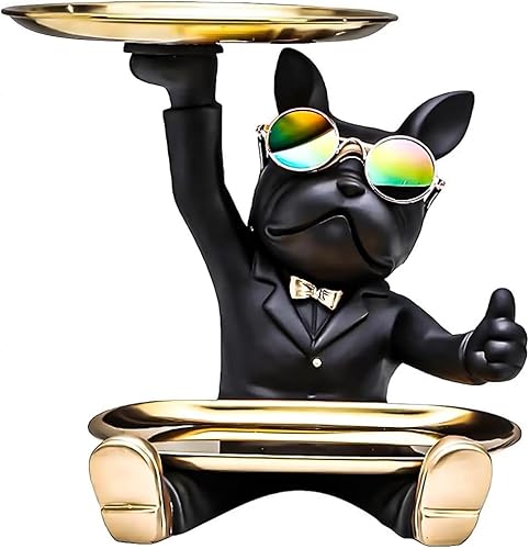 Nozuma皿を捧げる犬さん クリエイティブ犬キー収納トレイ フレンチブルドック置物 玄関トレイ付 眼鏡付き 鍵置き/ジュエリー小物収納 卓上置物 眼鏡置き インテリア雑貨 樹脂 ギフトカード付 クリスマス/ハロウィン/誕生日/結婚式/バレンタイン/記念日