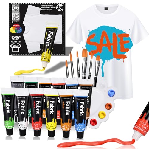 HUAL Fabric Paint Set for Clothes, 12 Colors Textile Paint with 6 Brushes & Palette, Quick-Drying Non-Toxic Water-Based Paint Kit for T-Shirts, Shoes, Canvas, DIY Art & Crafts