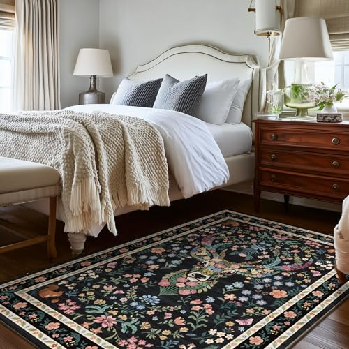 Image of Area Rug Vintage Floral Deer Pattern 4x6 - Bohemian Forest Animal Carpet with Squirrel & Butterfly, Soft Decorative Area Rug for Living Room Bedroom Home Decor