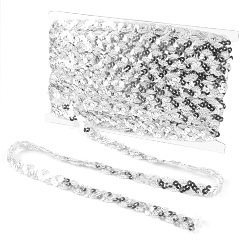 30m Rollos de Cinta de Lentejuelas Plateadas, 15mm Cinta de Lentejuelas en Forma de S, Accesorios de Ropa, Línea de Lentejuelas de Resina Plástica para Decoración de Muebles, Fiestas y DIY (Plata)