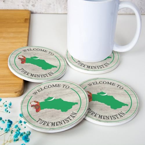 Welocme to Turkménistan Lot de 4 dessous de verre ronds en céramique avec base en liège pour pendaison de crémaillère, cuisine, bar