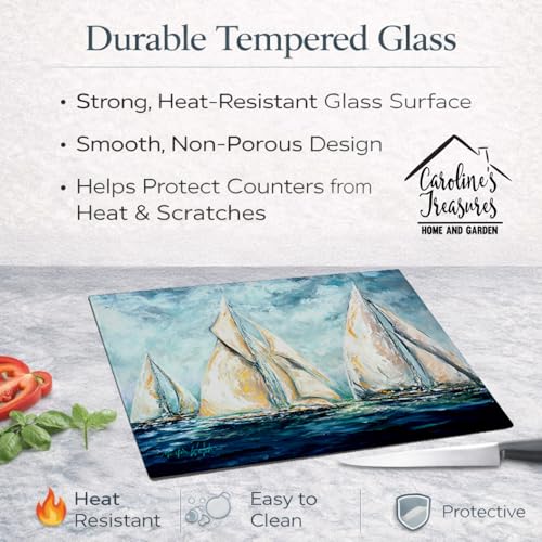Tablero de corte decorativo de vidrio templado grande de Caroline's Treasures, diseño artístico 'The Last Mile Sail boats', para cocina y servicio miniatura 5