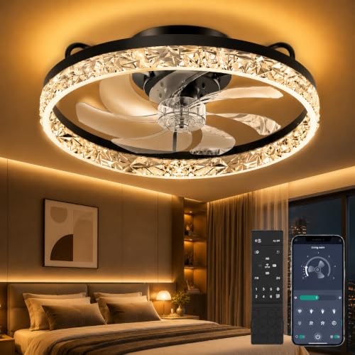 Image of Crystal Ceiling Fans with Lights and Remote, 20 inch Low Profile Flush Mount Ceiling Fan with 7 Blades, 6 Speeds, 3CCT Dimmable LED Light (3000K-6500K), Modern Fandelier Ceiling Fans for Bedroom