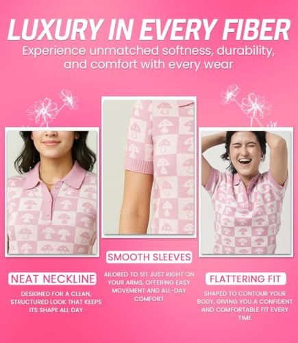 Image of Womens Short Sleeve Sweater in Pink with Large Size | Short Sleeve Sweater for Women in Checkerboard Pattern | Womens Knit Tops Sweater Polo Women with Front Button Placket