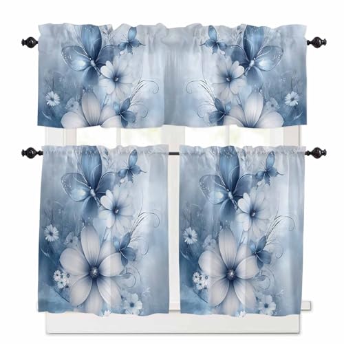Blue White Daisy Kitchen Curtains 36 Inch Length, 3 Piece Rod Pocket Small Half Tiers and Valance Set, Luxury Farmhouse Botanical Flower Small Large Window Treatment Decor for Bedroom/Bathroom Sink