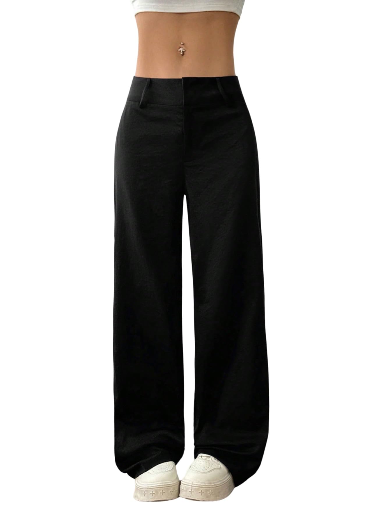 GORGLITTER Pantaloni da donna a gamba larga, eleganti, lunghi, a vita bassa, con chiusura lampo, per il tempo libero