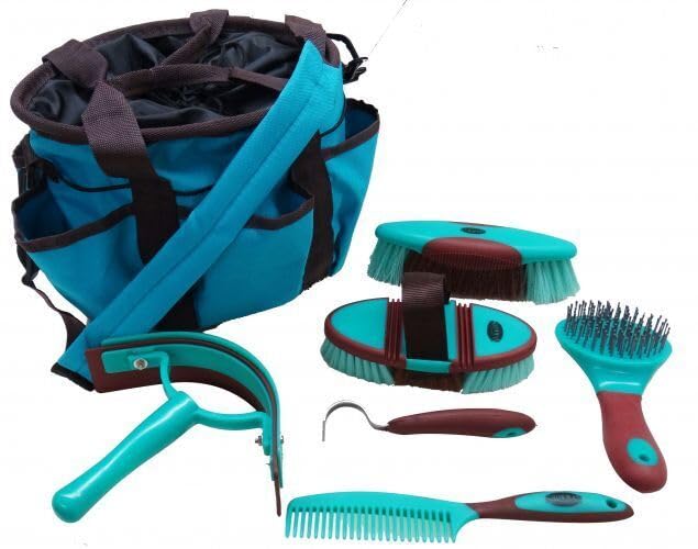 Showman (6) Piece Soft Grip Horse Grooming Kit w/Nylon Carrying Bag