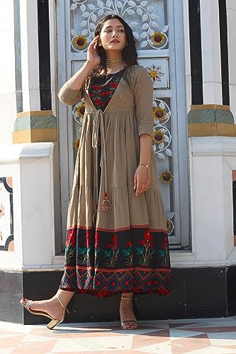 Image of Nehamta Women's Cotton and Rayon Anarkali Printed 3 /4 Sleeve Ankle Length Dress