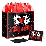 Jaywayang Bolsa de regalo grande para el día de la madre de 12.6 pulgadas con tarjeta y papeles de seda (negro y rojo)