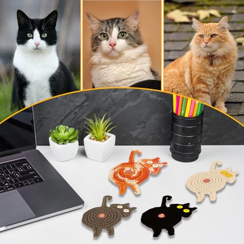 Hurifeng Cat Gifts for Cat Lovers 4PCS Cute Crochet Drink Coasters Small Gift for Women for Her Stocking Stuffers Under 10 Funny Home Desk Coffee Table Decor (4, White Black Gray Orange) - Thumbnail 6