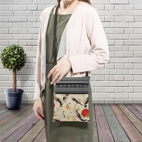 Japanese Ukiyoe Crane Messenger Bag Small Ethnic Pattern Printed Adjustable Strap Crossbody Zipper Bag Japanese Ukiyoe Crane Phone Bag Wallet Cute Shoulder Handbag for Women Friends3