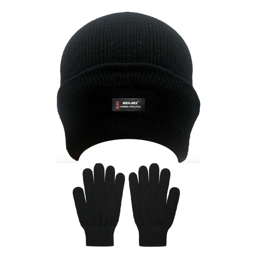 OnlyBee Adult Mens Womens Ladies Black Hat And Gloves Set Winter Thermal Lining Fits Adults and Older Children
