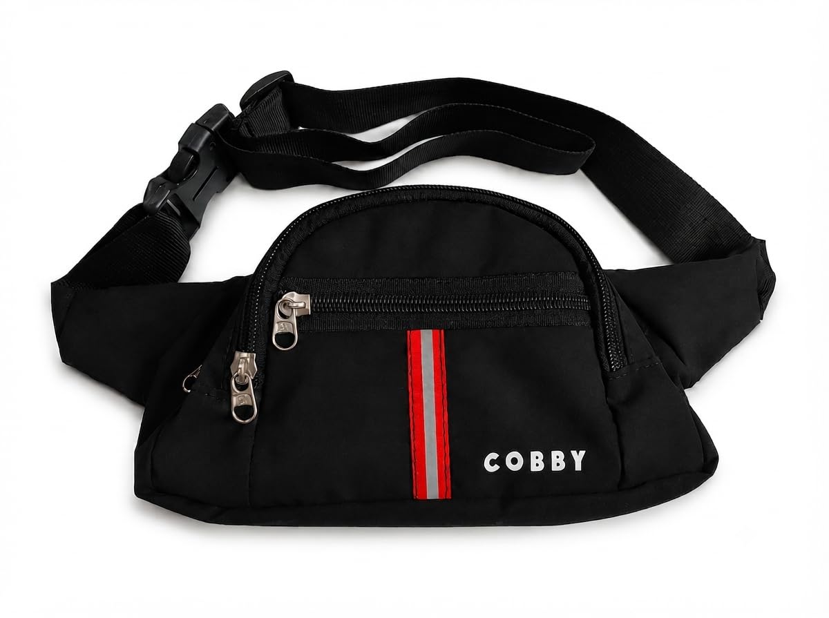 Cobby Waist Bag for Men & Women| Premium Stitching| Quality Zippers| Waterproof | Large Pockets | Best for Hiking, Trekking,Travel, Passport| Red Reflector Strip| Black-Red| Pack of 1-image-16