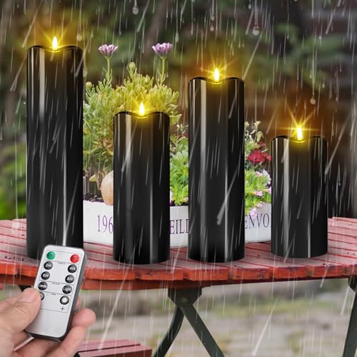 Image of Rossesay 8 inch 10 inch 12 inch 14 inch X 4 inch Large Waterproof Outdoor Flameless Candles, 4 Pcs LED Pillar Candles with Remote and Timers Battery Operated Jumbo Flickering for Home Patio Church Lanterns(Black)