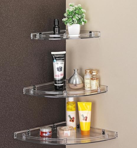 iSTAR Multipurpose Unbreakable Acrylic Bathroom Shelves Bathroom Accessories Corner Wall Shelf (Size 8 inch, 10 Inch, 12 Inch) (3 Piece Set) (Transparent)
