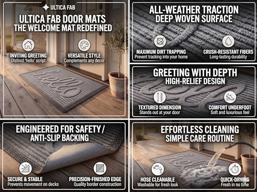 Image of Heavy Duty Front Door Mat 2x3 Feet Non Slip Entrance Rug for Indoor & Outdoor Use Dirt Trapper Welcome Mat for Entryway, Patio, Porch & Hallway Washable Low Profile Floor Mat, Grey Hello