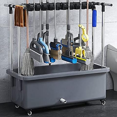 Broom Holder Mop Drain Rack Cleaning Tool Cart, Floor-Mounted Wet Mop Storage Stand Movable Closet Storage Cabinet, Garden Tool Hanger Rack Mop Sink, Garage Shelf Organizers Cleaning Bucket Cover