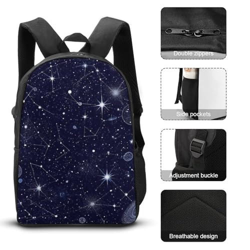 Travel Backpack Set, 17 Inch College Backpack with Thermal Lunch Bag Zodiac Constellation Galaxy Starry Night Stars Glow In The Dark Midnight Pencil Pouch Casual Bookbag Insulated Meal Bag3