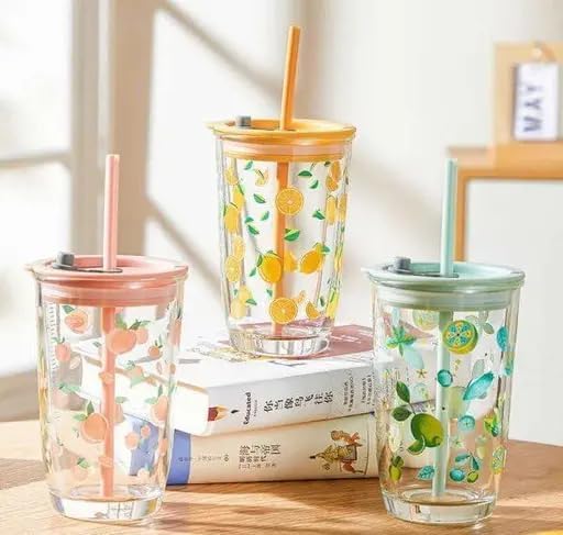 Image of Round Wave Cola Mug Can Sipper with Straw - 530ml Reusable Aesthetic Glass Tumbler for Juice, Milk, Smoothies, Iced Coffee, Tea, Water & More - Durable Drinking Cup (Printed Fruit Bottle)