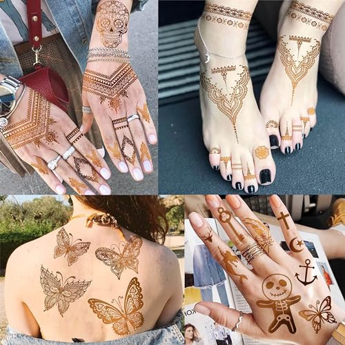 Image of VANTATY 9 Sheets 95+ Patterns Flash Gold Temporary Tattoos For Women, Vintage Indian Tribal Bohemia Lotus Mandala Flower Fake Jewels Tattoo Sleeve For Adults, Glitter Golden Metallic Tatoo Sticker