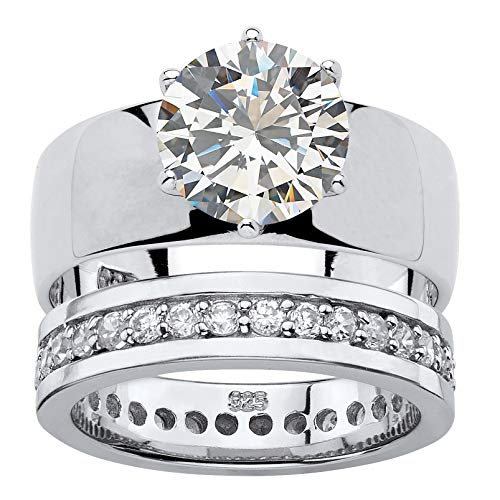 Sterling Silver Round Cubic Zirconia Solitaire Eternity Bridal Ring Set Size 9