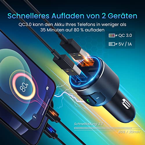 Verbesserter V5.0 Bluetooth-FM-Transmitter für Auto, QC3.0 & LED-Hintergrundbeleuchtung, kabelloser...