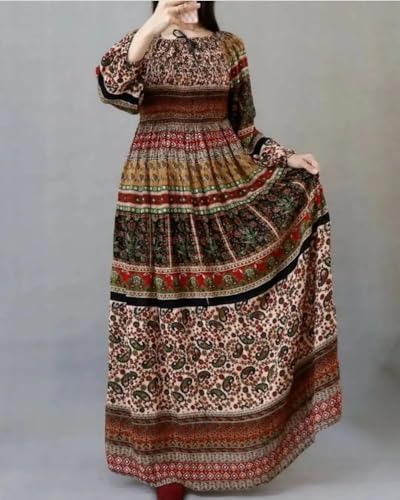 Image of Women's Cotton Dress Jaipuri Sanganeri Print Midi Long Dress Printed Fit and Flare Maxi Dress A-Line Gown Dress Maxi Skirt, Mandala (Free Size)