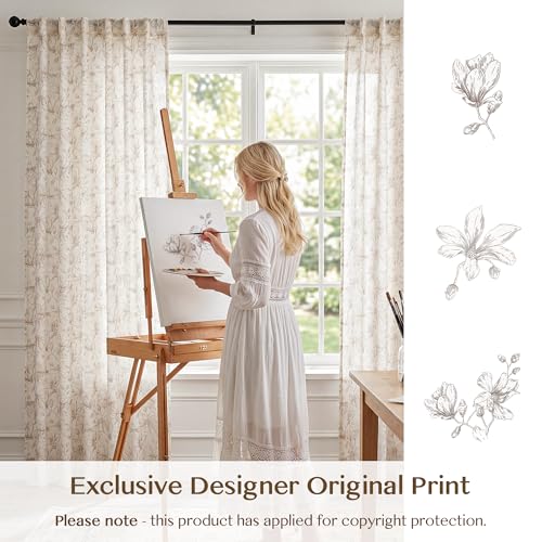 Image of THREE GIRLS Floral Linen Curtains Light Filtering Vintage Farmhouse, Back Tab Rod Pocket Cottage Core Magnolia Print Drapes for Living Room Bedroom Dining Room, Beige on Beige, 95 Inches, 2 Panels