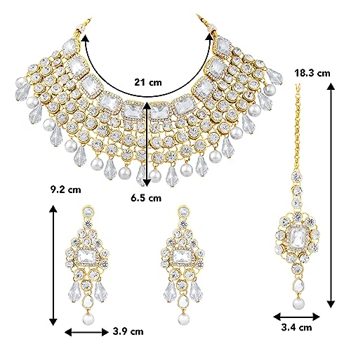 Image of Peora Crystal Choker Necklace with Maang Tikka Earrings Indian Traditional Bridal Wedding Jewellery Set for Women
