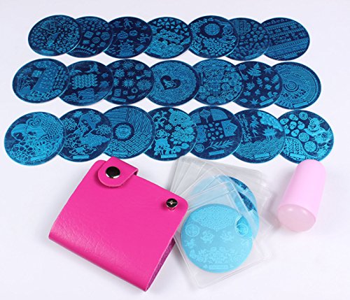Finger Angel 24PCS Different Designs Image Stamp Plates With 1PCS Rose Red Template Organizer and 1 Pink Big Size Manicure Stamper