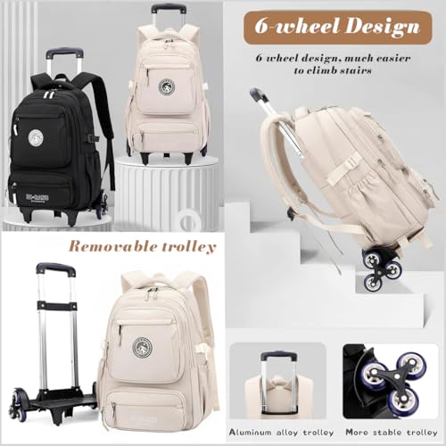 Image of PALAY School Trolley Bag Beige Nylon Trolley School Bags for Boys Girls Waterproof Rolling Backpack for Kids