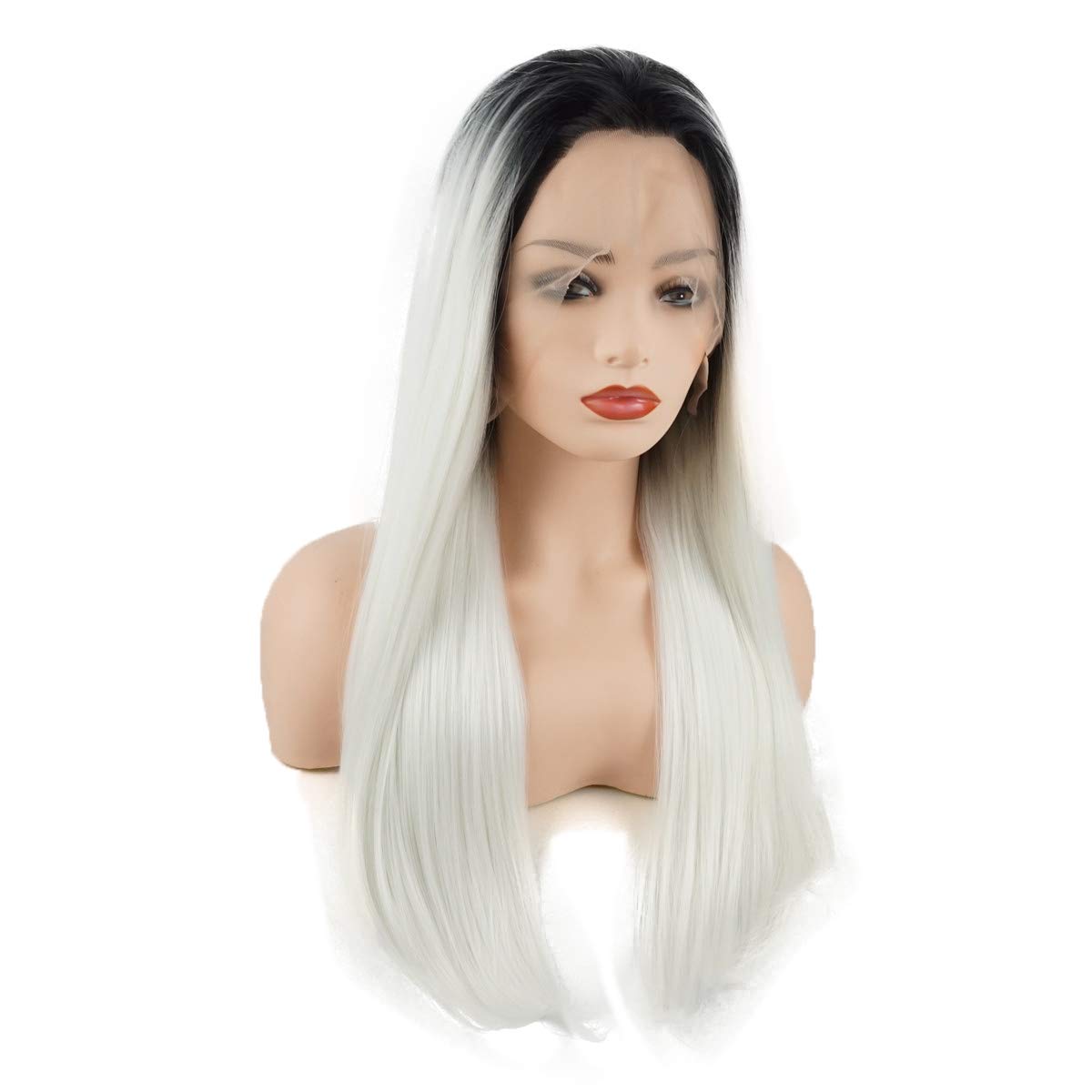 Hair Straight Long 24inch Dark Root White Ombre Half Hand Tied Heat Resistant Synthetic Lace Front Wigs
