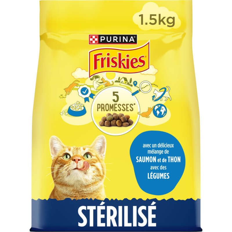 FRISKIES | Gato | Croquetas Completas para Gatos Adultos esterilizados | Salmón y Verduras | Alimento Completo para Gatos Esterilizados | Bolsa | 1,5 KG