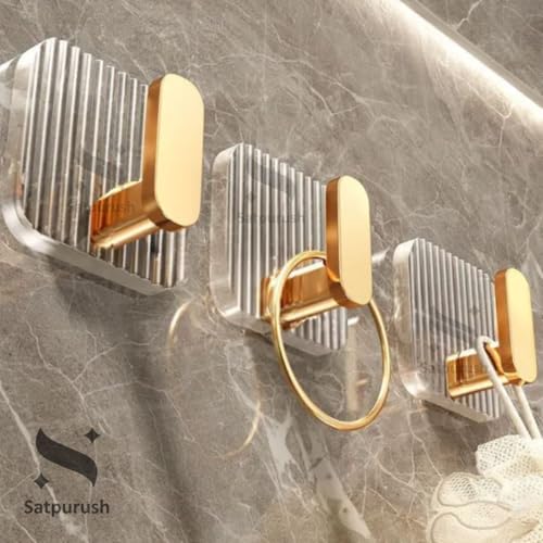 Image of Satpurush Luxury Acrylic Self Adhesive Wall Hooks | Heavy Duty Bathroom & Kitchen Hook | No Drill Waterproof Wall Hanger for Towels, Robes, Keys & Accessories (Gold, Pack of 8)