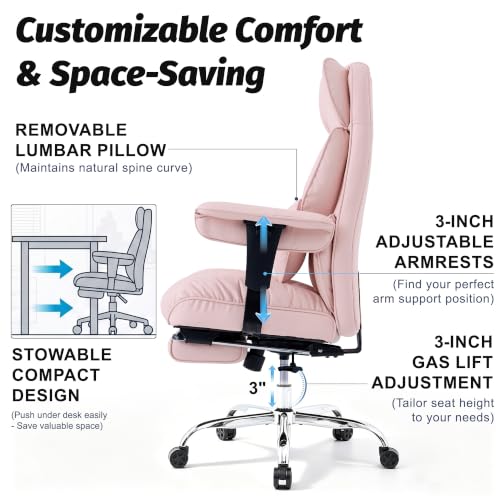 Image of Efomao Executive Office Chair 400lbs,Pink Big and Tall Desk Chair | Mattress-grade pocket spring cushion, sleek leather, 135 recline & footrest for computer gaming setup.