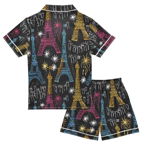 ALAZA New Year Paris Eiffel Tower Pajamas Satin Pajama Set Short Sleeve Button Down Sleepwear2