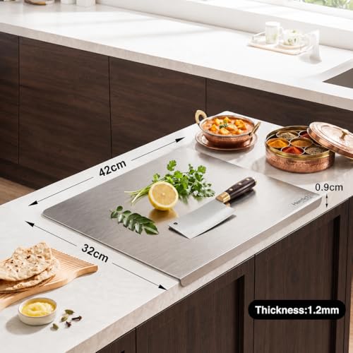 Image of Herrlich Homes 304 Stainless Steel Chopping Board with Lip for Kitchen | Free Rollin Pin | for Cutting Vegetables, Meat,Fish,Fruits | Medium | 42 x 32 cm