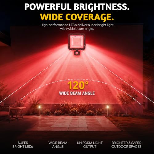 Image of Forus 50W LED Flood Light Red with Motion Sensor Auto On Off Day Night Mode Waterproof Outdoor Security Light for Garden Parking Garage Factory Warehouse Shop High Bright Floodlight 4Yr Warranty-1Pc