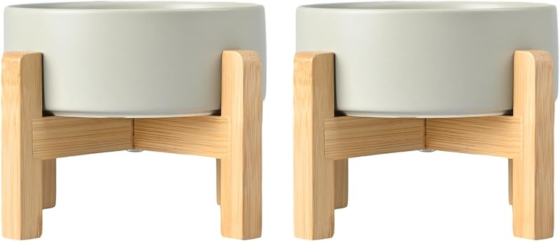 Comedouros Elevados para Cães em Cerâmica com Suporte de Madeira Antiderrapante SPUNKYJUNKY Cinza, 2 Unidades de 813 g