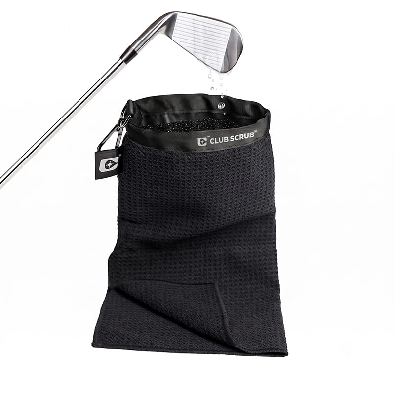 Club Scrub Towel Pro, Golf Club and Ball Cleaning Pouch Attached Towel, Waterproof Exterior,Machine Washable, Cleans Club Grooves, Waffle-Weave Microfiber (Mini Towel Black)