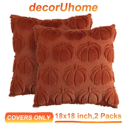 Image of decorUhome Fall Decorative Rust Pumpkin Throw Pillow Covers 18x18 Set of 2, Soft Faux Fur Plush Farmhouse Accent Pillow Cases for Couch Bed Sofa Autumn Harvest Halloween Holiday Home Decor