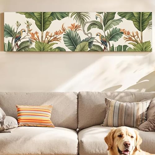Image of Green Tropical Botanical Canvas Framed Wall Art Painting For Living Room, Green Tropical Leaves & Parrots Painting With Frame Leaf & Bird Nature Wall Art For Home & Office, 12x46 Inch