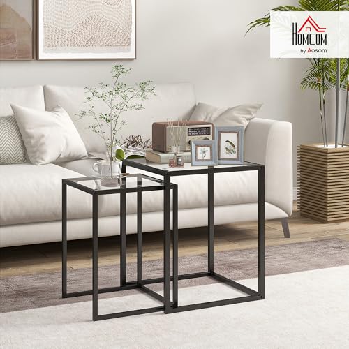 HOMCOM Conjunto de 2 Mesas Auxiliares Cuadradas Juego de Mesas de Centro Apilables con Encimera de Vidrio Templado y Marco de Acero para Salón 33x33x45,5 cm y 42x42x51 cm Negro - imagen 2