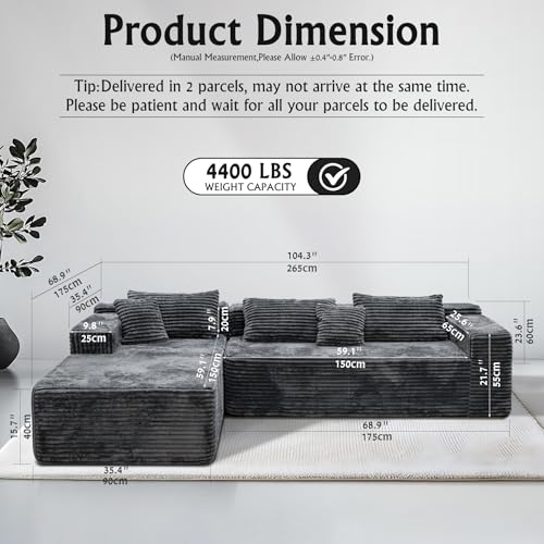 Image of Sectional couches for Living Room Corduroy Couch, 104 inch Cloud Sectional Couch with L-Shape Chaise, Modern Modular Sofa, Deep Seat Comfort, No Assembly Required(Plush Corduroy, Left Facing Chaise)