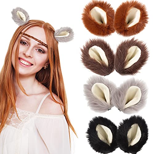 4 Pairs Animal Ears Hair Clips Cat Ears Hair Pins Colorful Faux Fur Clip-on Animal Ears for Animal Cosplay Costume Halloween Party Fancy Dress