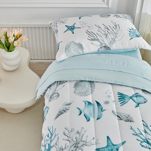 Image of White Toddler Bedding Set for Boys Girls Water Blue Colorful Ocean Starfish Shell Aquatic Plant 4PC Toddler Bed Set - Soft Blue Cute Toddler White Bed in a Bag with Sheet Set and Pillow Shams